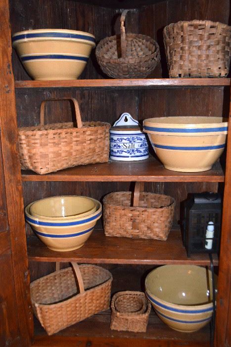 yelloware bowls; vintage baskets
