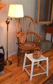 brass floor lamp; Windsor style chair; foot stool