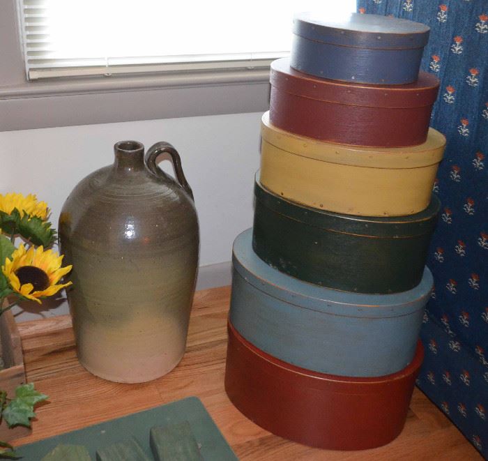 southern pottery jug; pantry boxes in graduated sizes