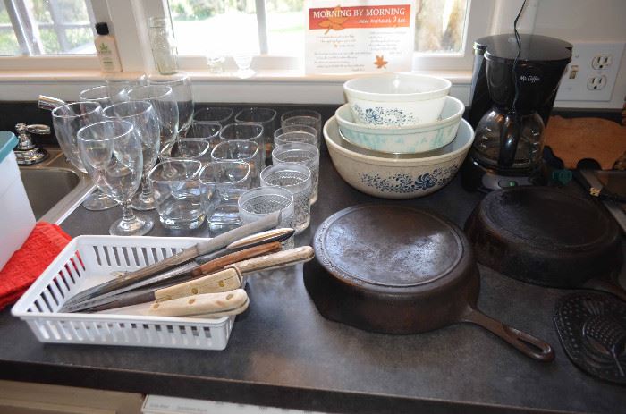 glassware; cast iron pans; Pyrex