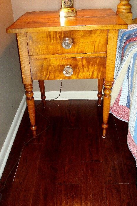 1840,s tiger maple two drawer stand w/original glass period pulls.