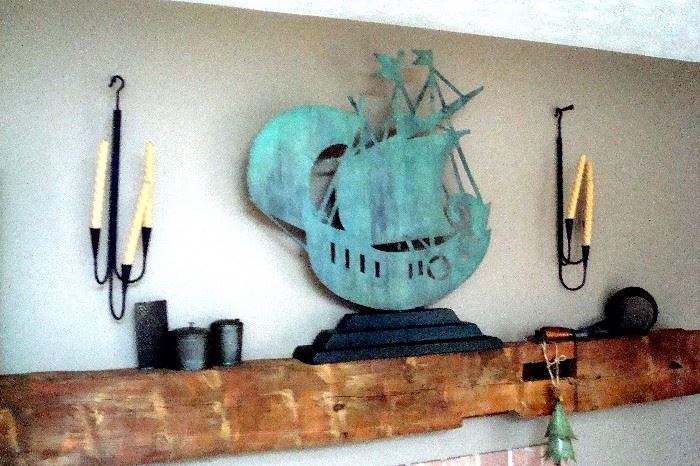 Vintage copper ship on stand and etc 
