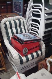 Vintage wicker chair and Stetson hat in box.