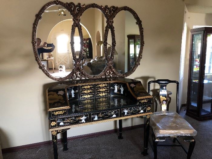 vintage Chinoiserie style harpsicord desk with matching chair with silk cushion