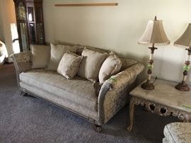 Chaise, loveseat, sofa, brass & marble lamps, 2 end tables with marble tops