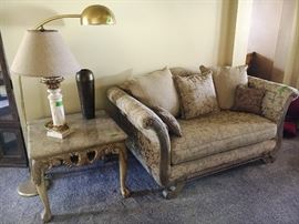 Chaise, loveseat, sofa, brass & marble lamps, 2 end tables with marble tops