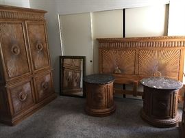 6 piece bedroom set (King headboard, 2 end tables, dresser with mirror, armoir)