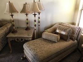 Chaise, loveseat, sofa, brass & marble lamps, 2 end tables with marble tops
