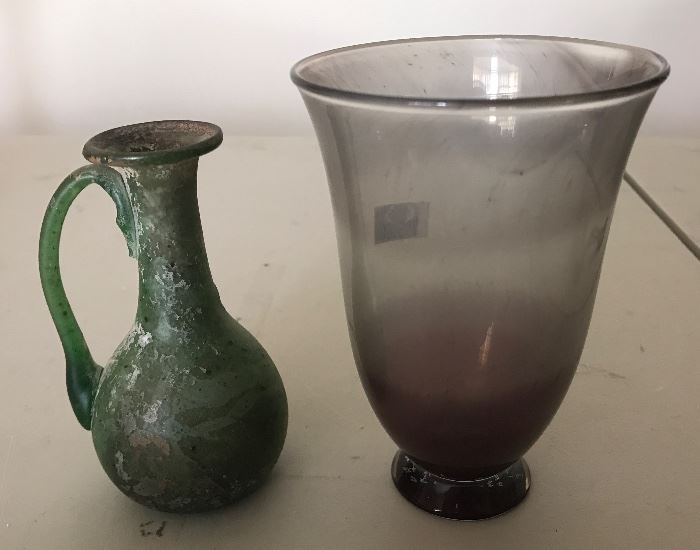 Ancient Roman jug on the left and unusual Orrefors vase on the right