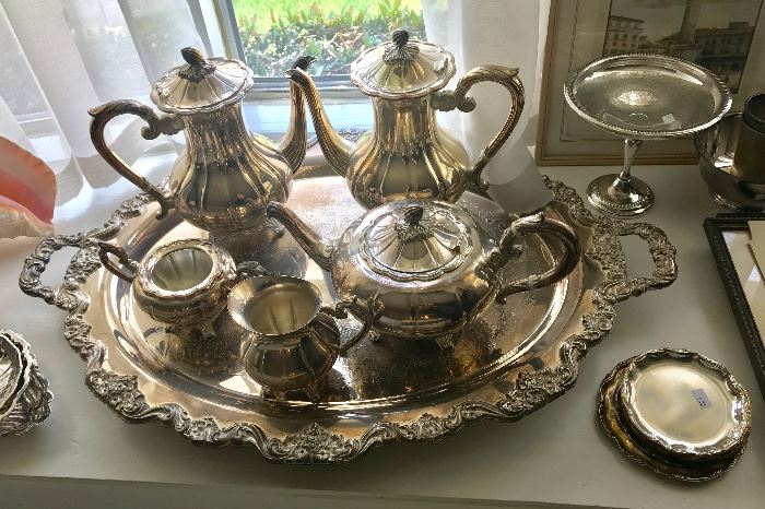 Silverplated tea set and other pieces