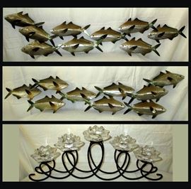 2 Wide Metal Fish Sculptures and Cast Iron Candle Holder 