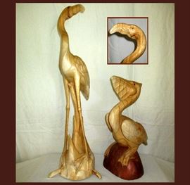 2 Nicely Carved Wooden Birds, a Flamingo and a Pelican 