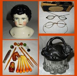 Antique Doll Head, Antique Spectacles, Nice Smalls and Art Nouveau Glass 