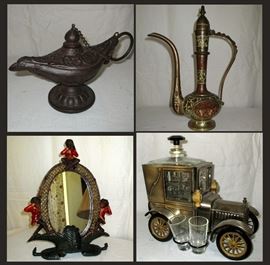 Cast Iron Genie Lamp, Brass Pitcher, Monkey Mirror and Vintage Auto Music Box 