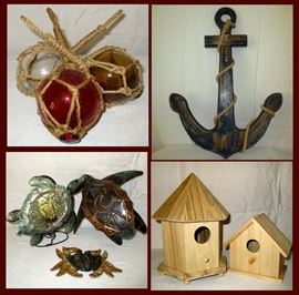 Decorative Glass Buoys, Wooden Anchor, Metal Turtles, Ceramic Crab and Wooden Bird Houses 
