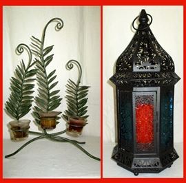 Metal Leafy Candle Holder and Lantern with Colored Glass  