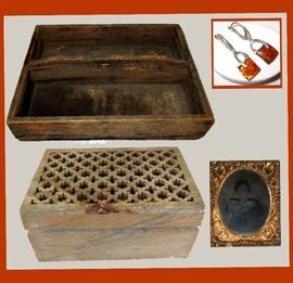 Primitive Wooden Tray, Wooden Box, Tin Type and Sterling Amber Earrings 
