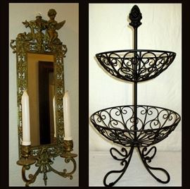 Ornate Mirror with Candle Holders and Two Tiered Metal Rack 