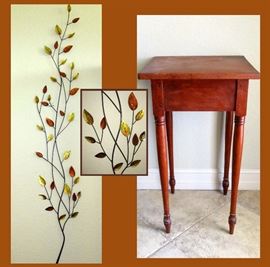 Tall Metal Leafy Wall Art and Small Antique Table 