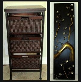 Wicker 3 Drawer Cabinet and Tall Metal Wall Art 