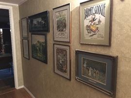 Framed art work and old advertisements