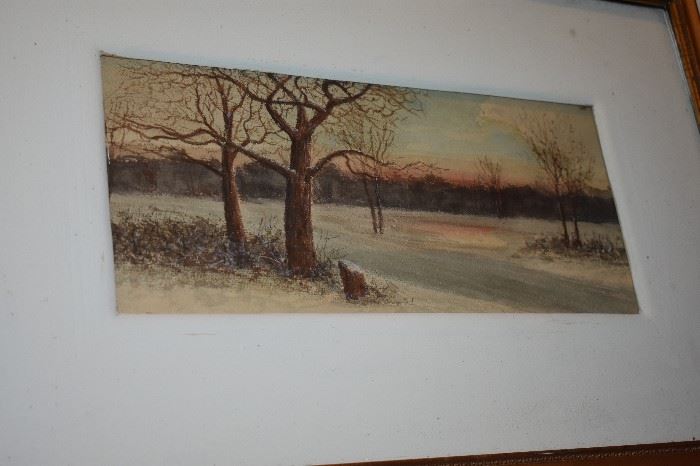 Vintage Framed Oil Painting of Snow Covered Fields and Bare Winter Trees