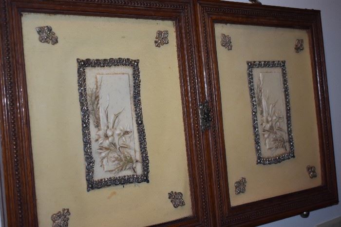 Beautiful Rare & Unusual Antique Tri-Folding Wall Mirror with Jacobean Trimmed Frame inside and Ornate Covers when folded of Silver Trim and Flowers