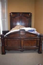 Magnificent Antique Bedroom Suite consisting of Gorgeous Burled Wood designed Accent throughout each piece which includes: Highly Carved Bed with Burled Headboard and Footboard plus Marble Topped Dresser featuring a Pier Mirror and Gorgeous "Burling"