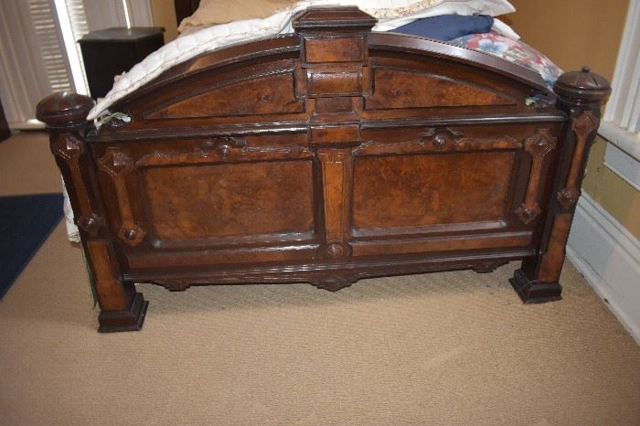 Magnificent Antique Bedroom Suite consisting of Gorgeous Burled Wood designed Accent throughout each piece which includes: Highly Carved Bed with Burled Headboard and Footboard plus Marble Topped Dresser featuring a Pier Mirror and Gorgeous "Burling"