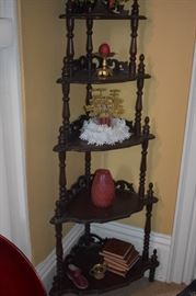 Antique 5 Tier Corner Shelving Unit with Collectibles