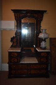 Antique Marble Topped Dresser with Pier Mirror and Burled Wood Accents