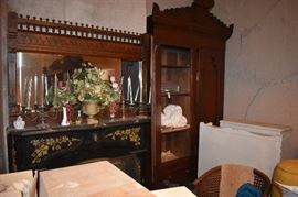 Another of the Many Highly Carved Antique Bedroom Sets in this Mansion comes with Gorgeous Bed with matching Mirrored Dresser featuring White Marble Tops and Magnificently Carved/Mirrored Wardrobe