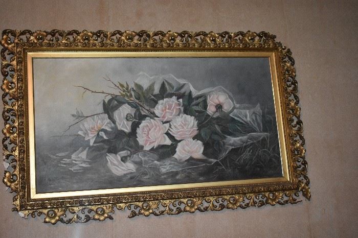 Antique Oil Painting of Flowers in Gold Gilded Frame which has some damage 