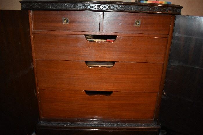 Beautiful Antique Chest with Double Doors featuring a 5 Drawer "inner" Chest plus a Bottom Drawer Adorn with nice Filigree Carving around the Edging plus Antique Lamps and Framed Art
