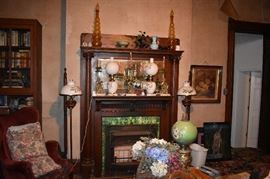 This original Fireplace Mantle features Unique Antique Floor & Mantle Lamps, Art & Collectibles