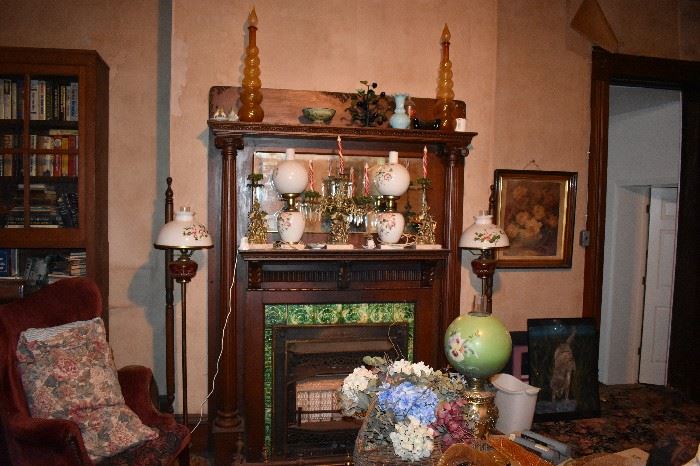 This original Fireplace Mantle features Unique Antique Floor & Mantle Lamps, Art & Collectibles