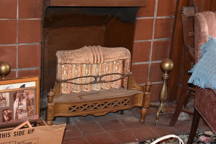 Vintage Fireplace Style Electric Heater plus large Brass Andirons