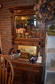 Beautiful Antique Mirrored Hutch, Highly Carved with loads of Collectibles!