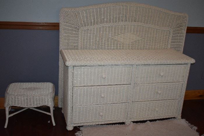 Wicker 6 Drawer Chest, Bed and Small Wicker Stool