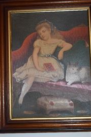 Antique Artwork of Victorian Girl relaxing on Sofa with Book & Cat