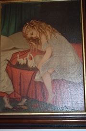 Antique Artwork of Victorian Girl playing with Her Kitten on the Bed just before Bedtime