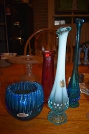 Vintage Art Glass Bowl and Vases ( note the original stickers on these pieces )