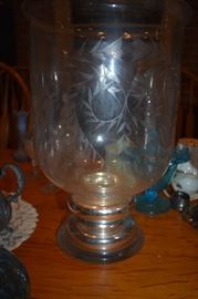 Very Large Antique Vase with Etched Designs and Blown Glass Base