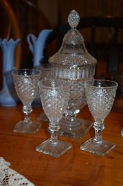 Antique Cut Glass Covered Vase and Matching Stemware