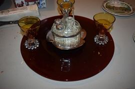 Vintage Ruby Glass Charger, Candlewick Stemware and Decanter Set