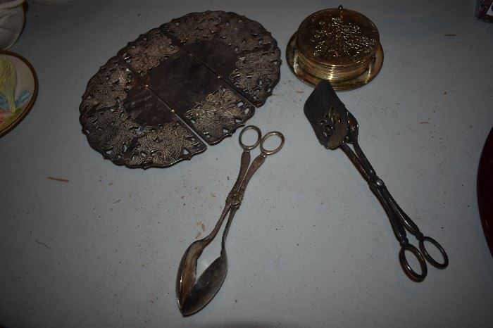 Vintage Silver Tongs, Hot Plate & Coasters