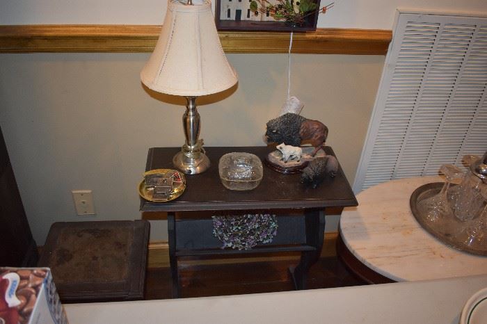 Occasional Table, Lamp, Vintage Glassware and Carved Buffalo
