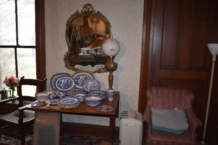 Just some of the Antique and Vintage Willow Ware China in this Estate plus Antique Drop Leaf Table, Framed Antique Gold Gilded Wall Mirror, Antique Brass Base Table Lamp with Round Glass Glove, Vintage Tufted Back Chair and More!