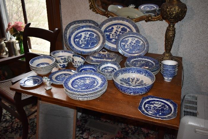 A Closer Look at just Just some of the Antique and Vintage Willow Ware China in this Estate plus Antique Drop Leaf Table, Framed Antique Gold Gilded Wall Mirror, Antique Brass Base Table Lamp with Round Glass Glove, Vintage Tufted Back Chair and More!