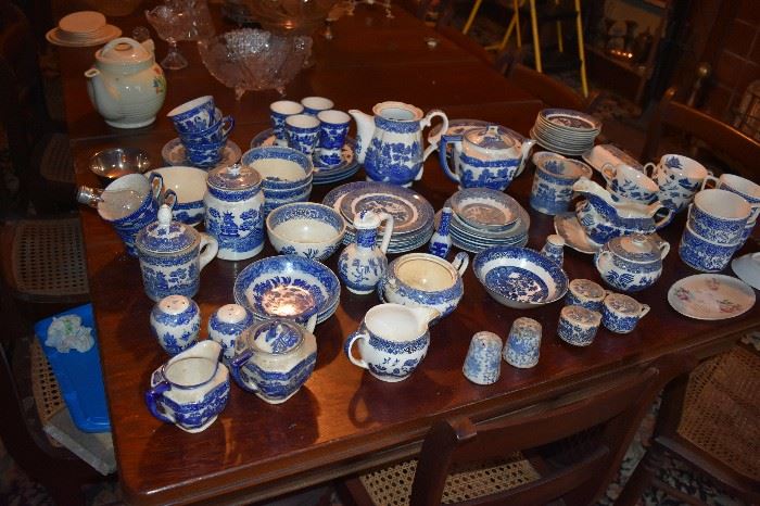 Some of the Many pieces of Antique & Vintage Willow Ware China represented in this Estate